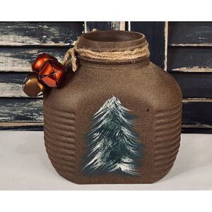 Hand-Painted Large Antique Honey Jar -Glass, Brown Textured with Pine Tree